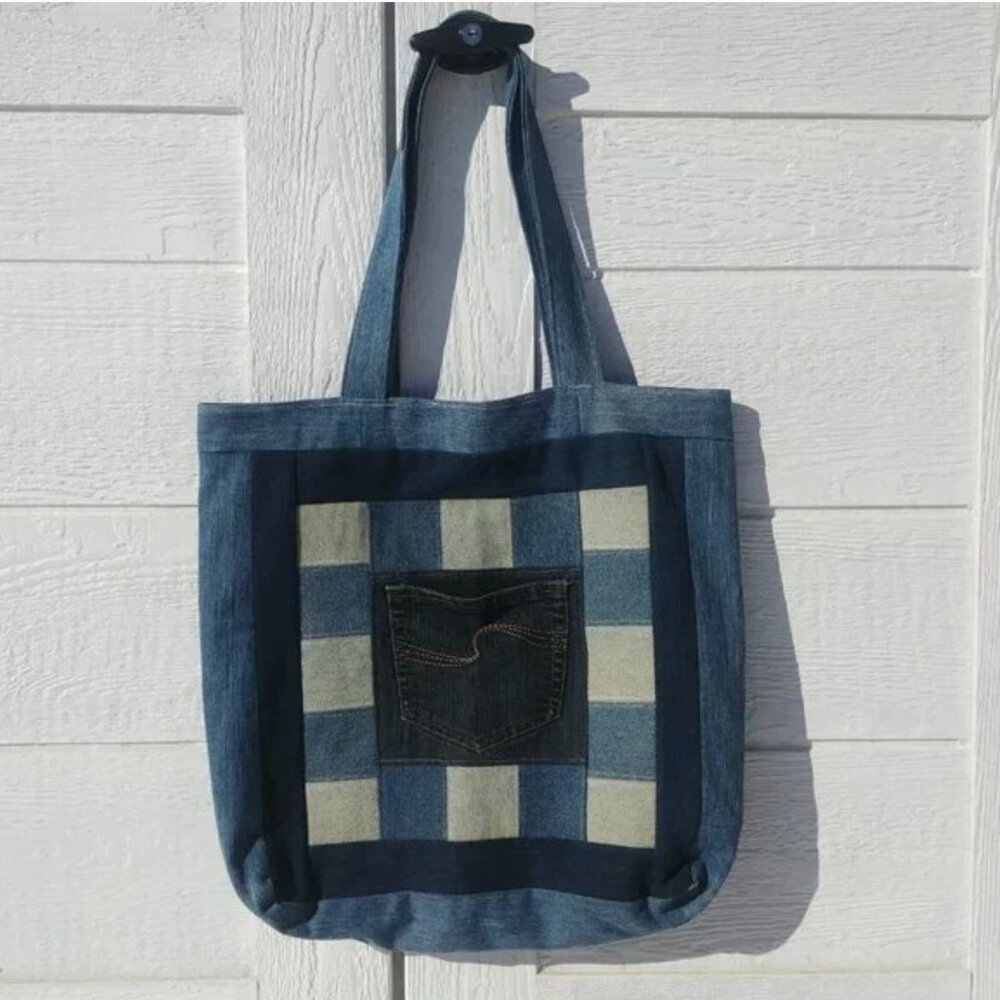 Handmade upcycled blue denim jean patchwork tote bag